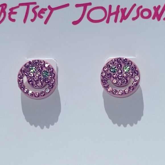 🩷 Betsey Johnson Pink and Green Crystal Smiley Face Earrings 🩷 - Picture 4 of 8